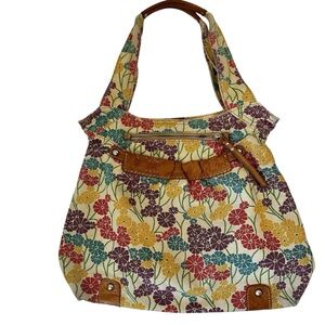 FOSSIL Khaki Floral Print Canvas w/ Leather Trim Details Hobo Shoulder Tote Bag